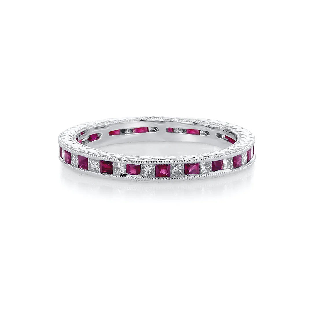 0.41 Cttw Princess Diamond and 0.50 Cttw Ruby Milgrain Chanel Set Scroll 18K White Gold Eternity Band