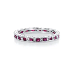 0.41 Cttw Princess Diamond and 0.50 Cttw Ruby Milgrain Chanel Set Scroll 18K White Gold Eternity Band