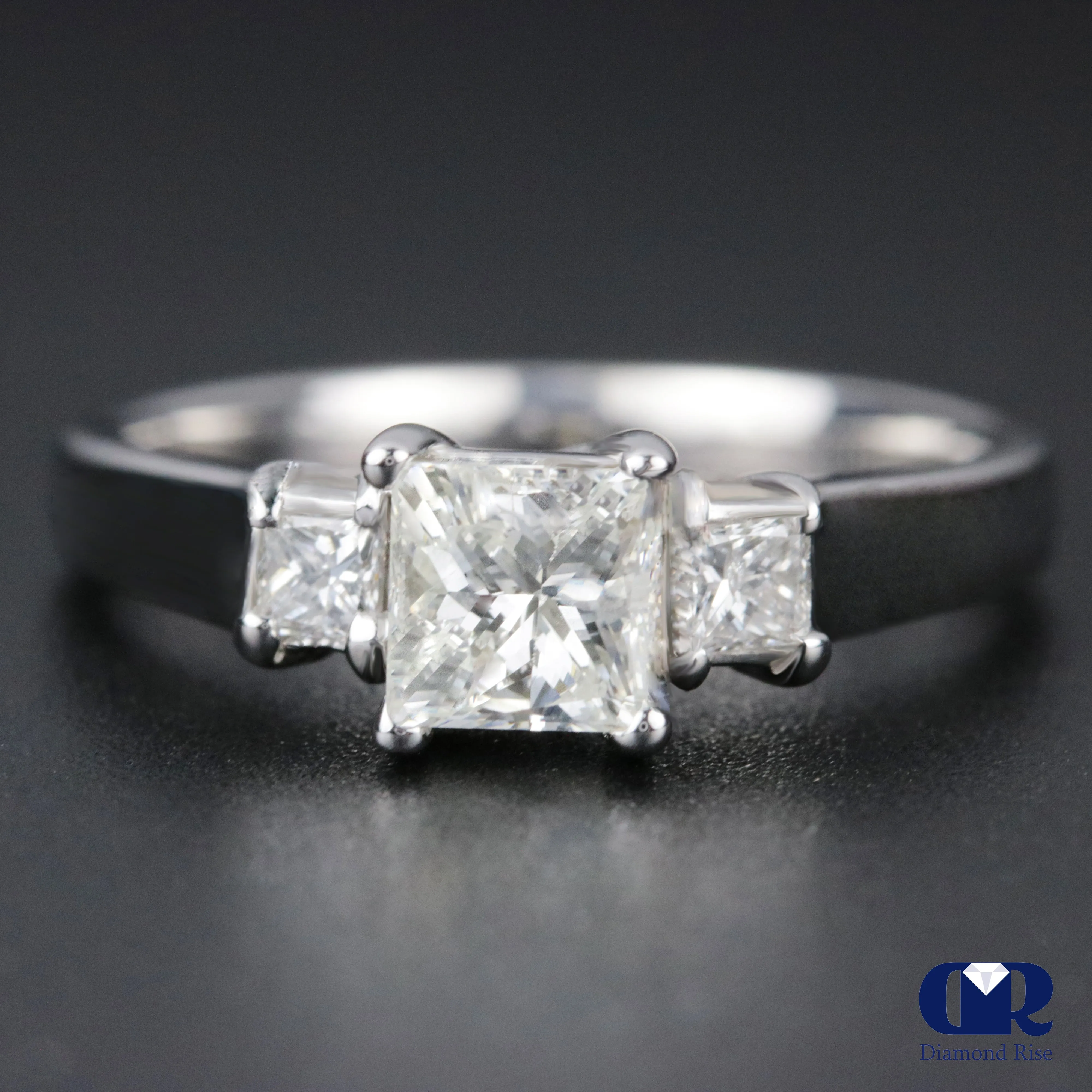 0.91 Carat Princess Cut Diamond Three Stone Engagement Ring In 14K White Gold