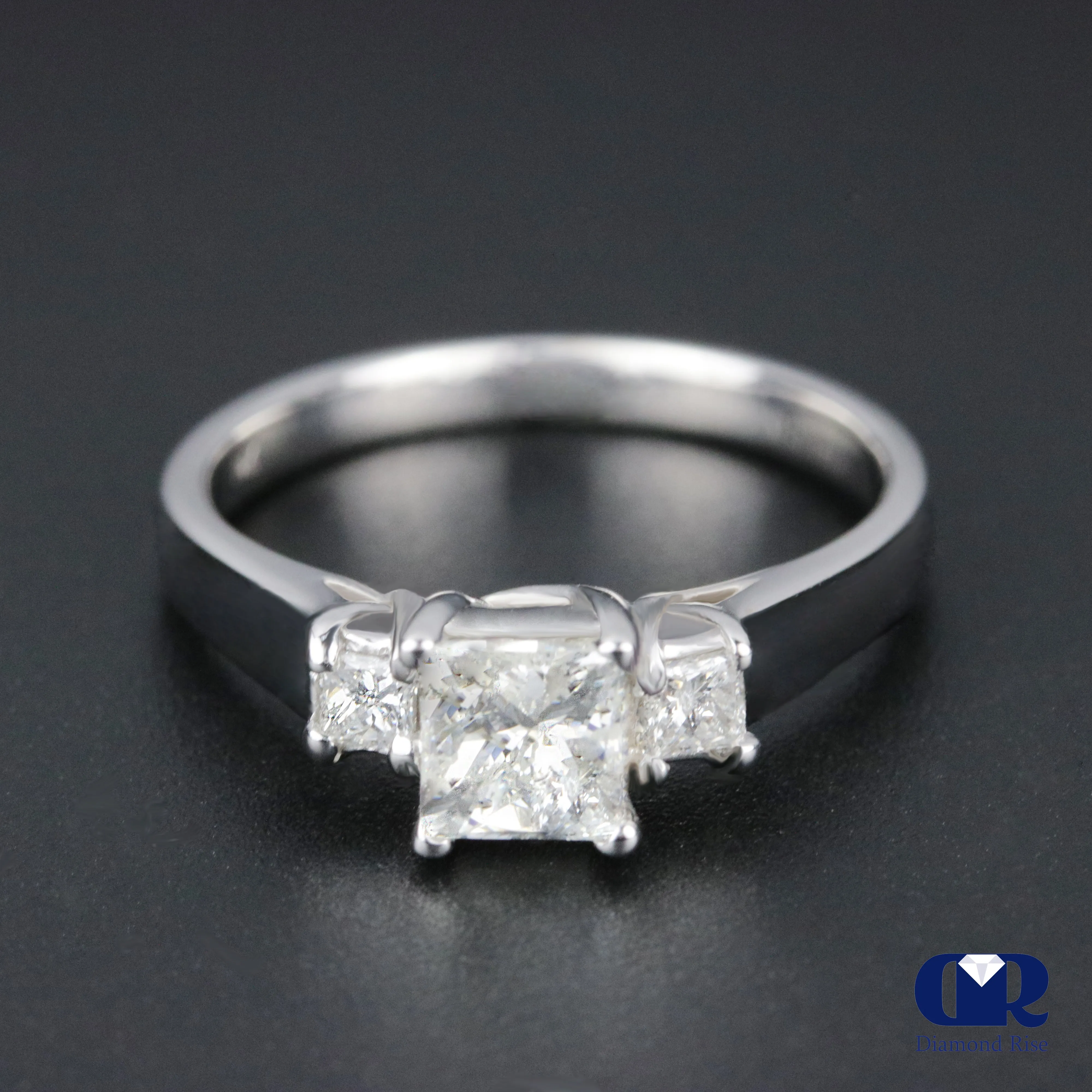 0.91 Carat Princess Cut Diamond Three Stone Engagement Ring In 14K White Gold