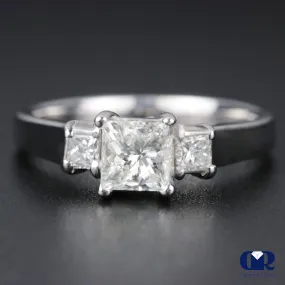 0.91 Carat Princess Cut Diamond Three Stone Engagement Ring In 14K White Gold