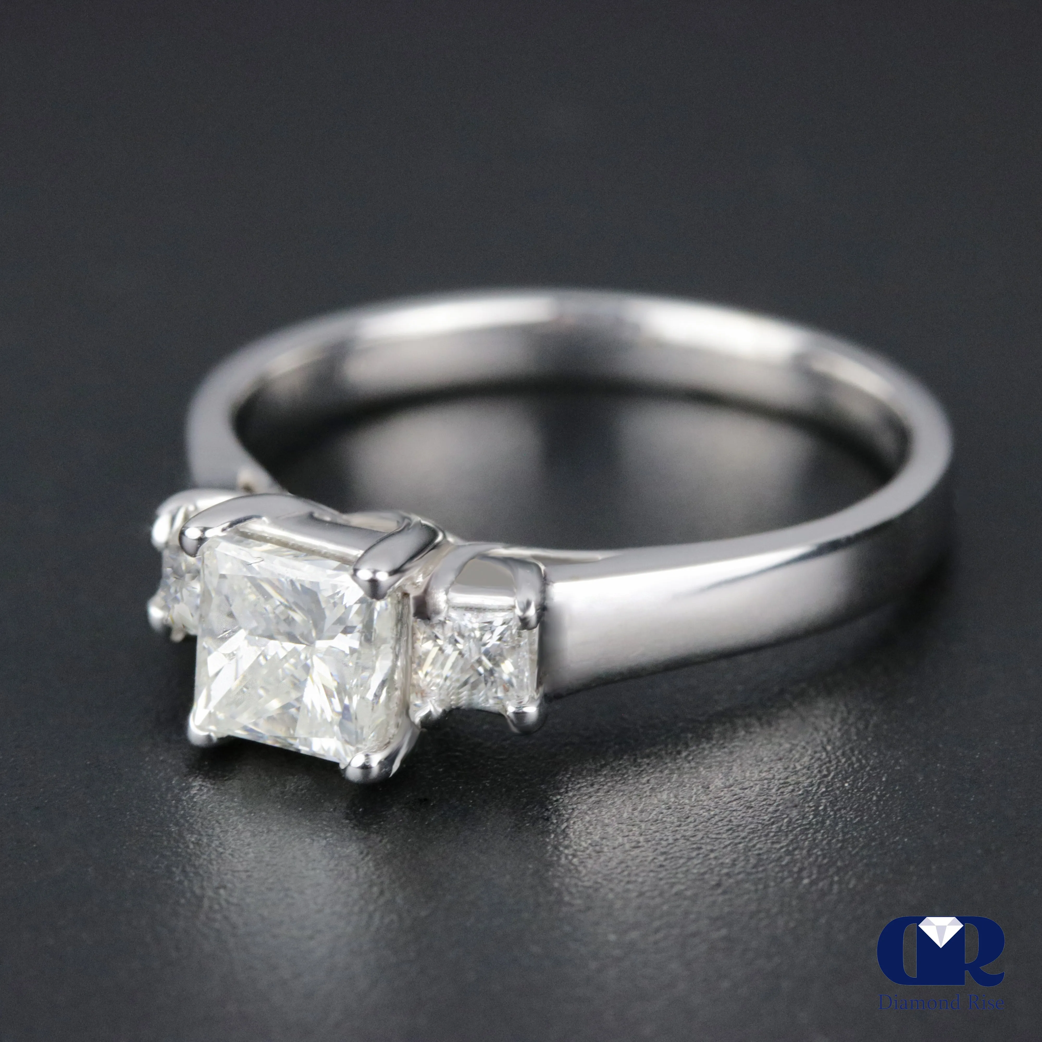 0.91 Carat Princess Cut Diamond Three Stone Engagement Ring In 14K White Gold