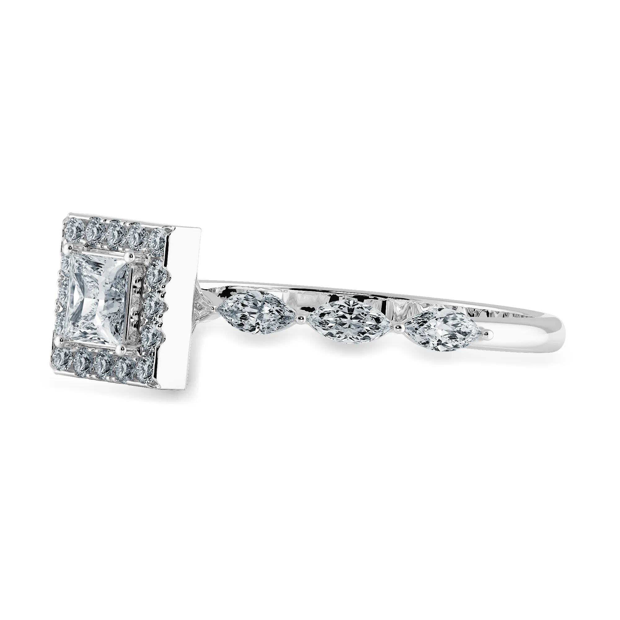 1-Carat Princess Cut Solitaire Halo Diamond with Marquise Cut Diamond Accents Platinum Ring JL PT 1277-C
