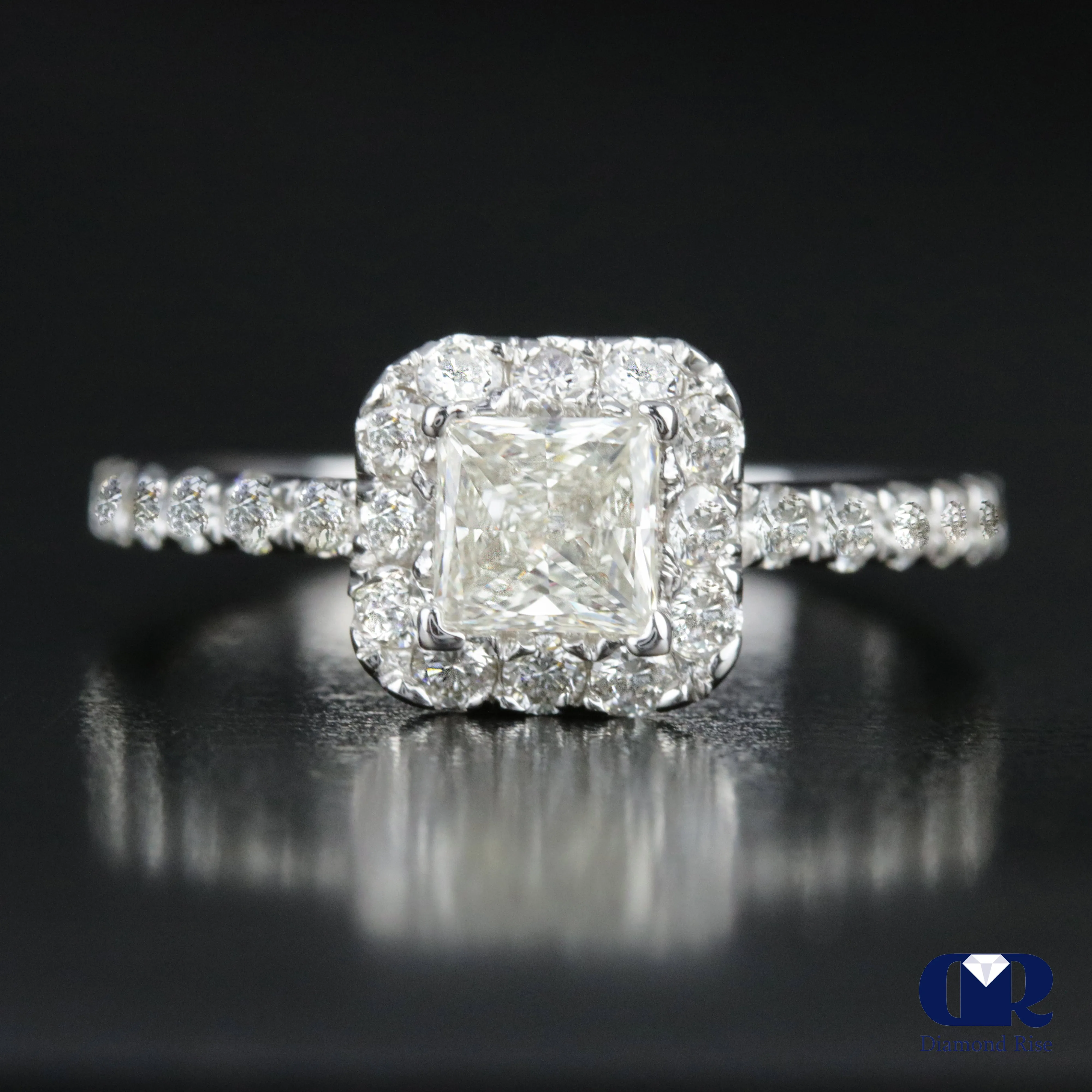 1.00 Carat Princess Cut Diamond Halo Engagement Ring In 14K White Gold