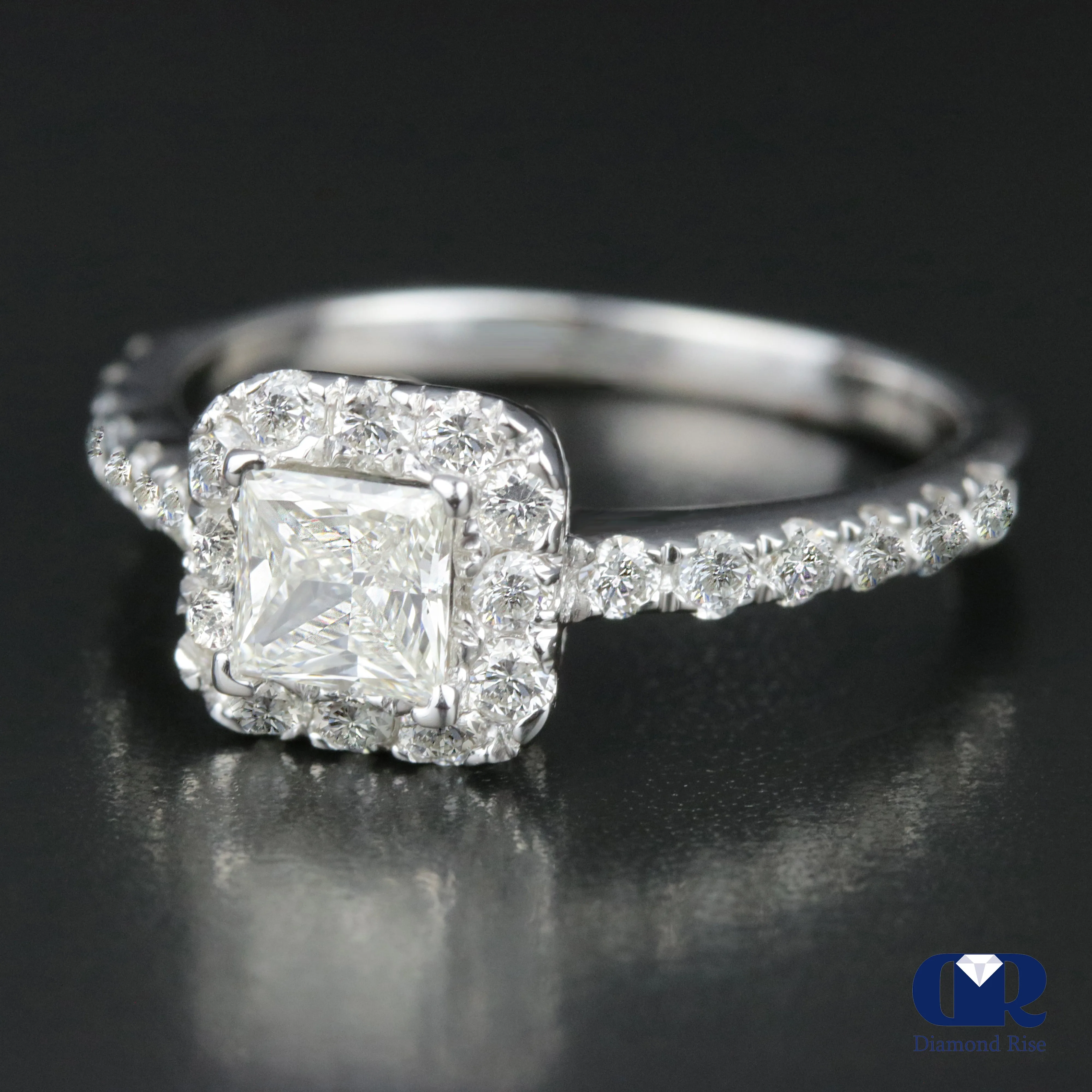 1.00 Carat Princess Cut Diamond Halo Engagement Ring In 14K White Gold