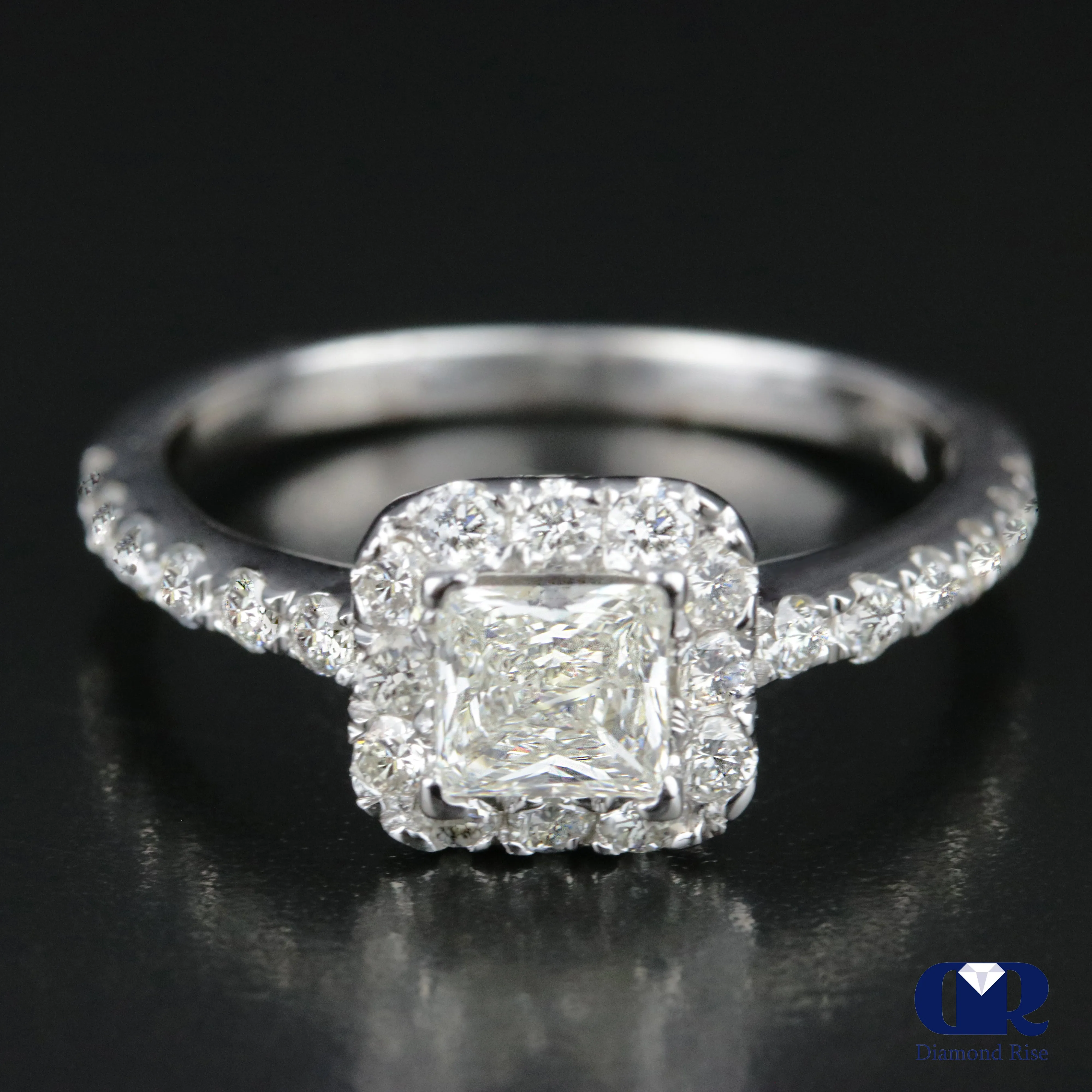 1.00 Carat Princess Cut Diamond Halo Engagement Ring In 14K White Gold