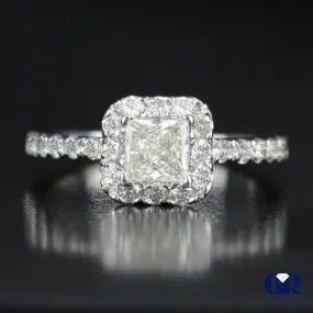 1.00 Carat Princess Cut Diamond Halo Engagement Ring In 14K White Gold