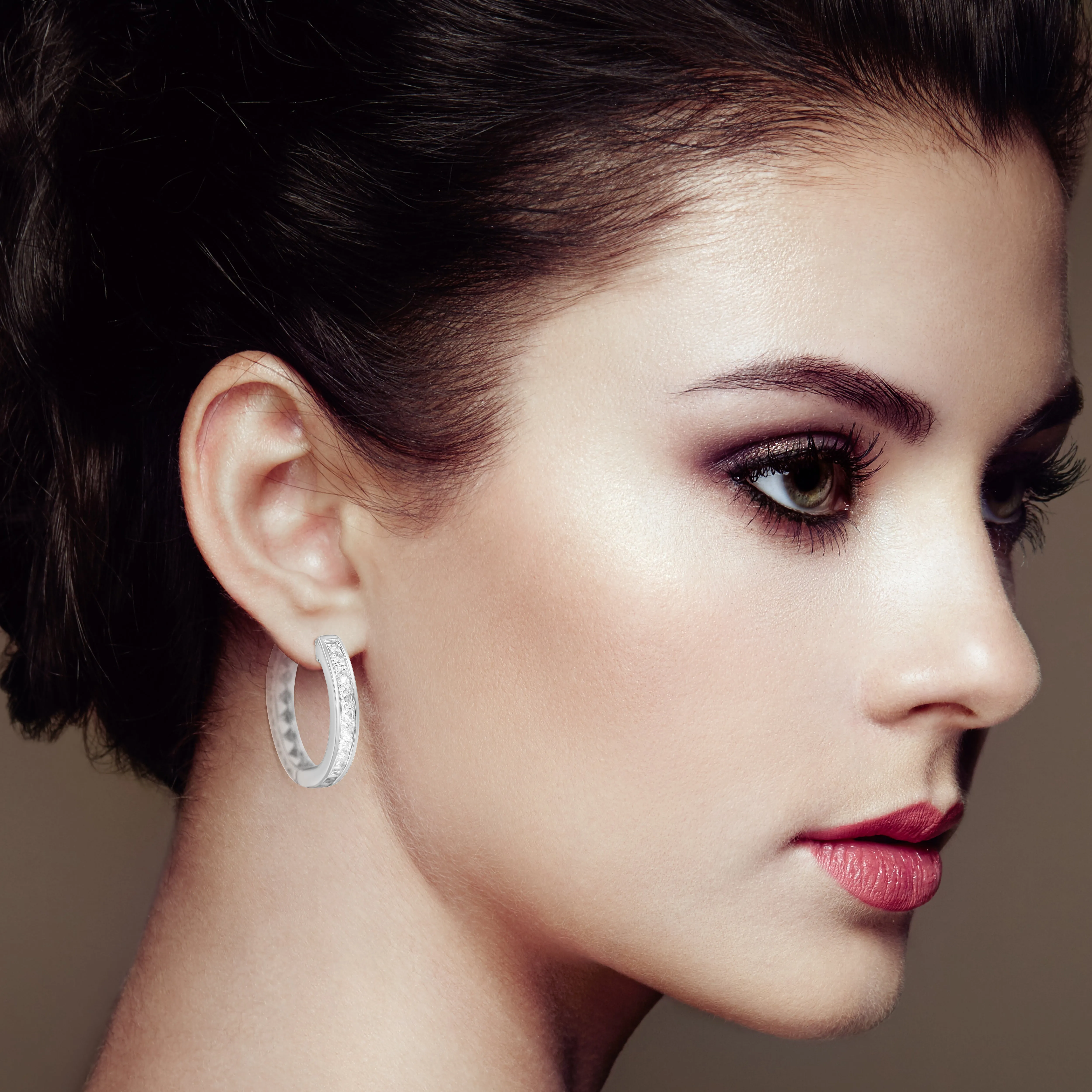 10K White Gold 1.0 cttw Channel Set Princess-Cut Diamond Hoop Huggy Earrings