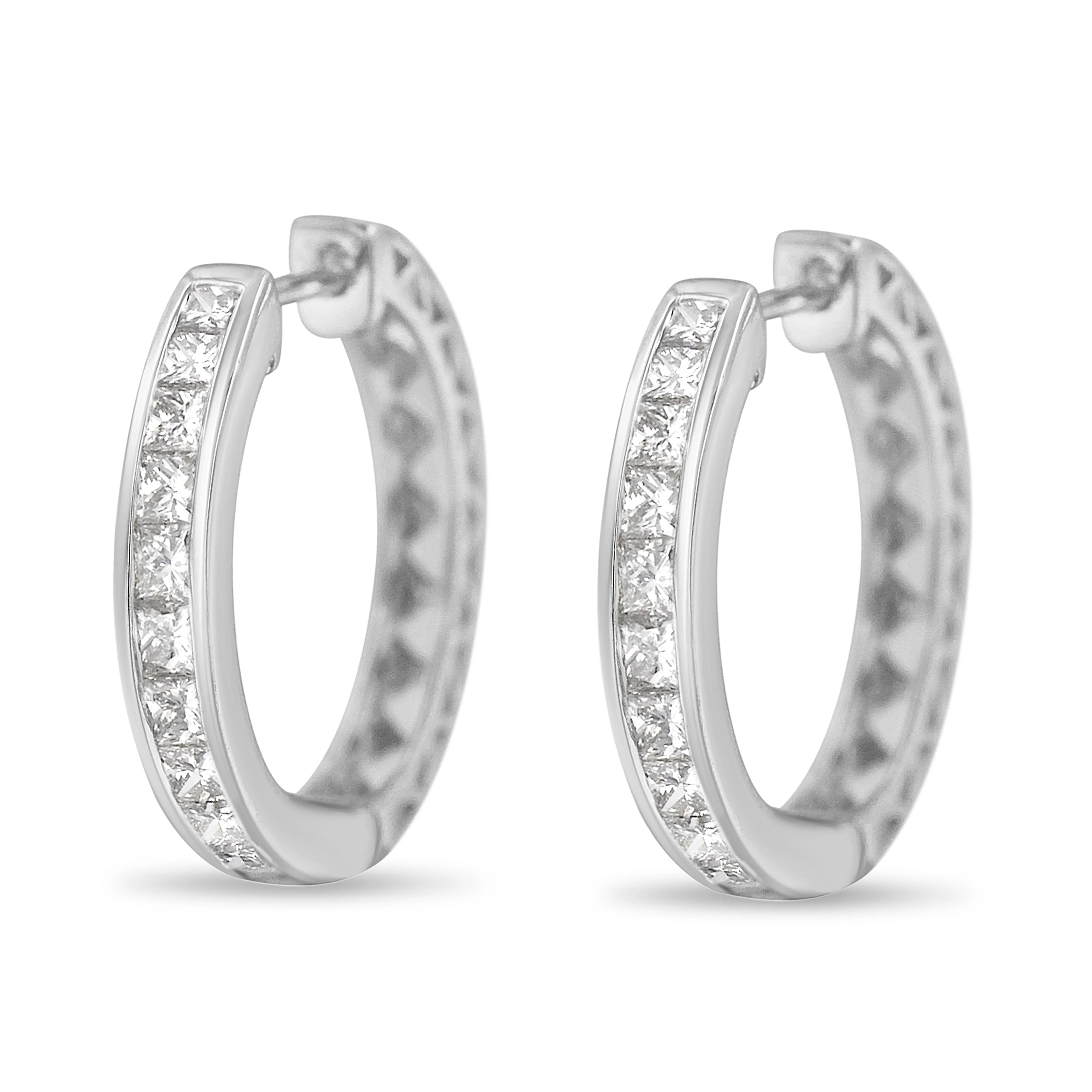 10K White Gold 1.0 cttw Channel Set Princess-Cut Diamond Hoop Huggy Earrings