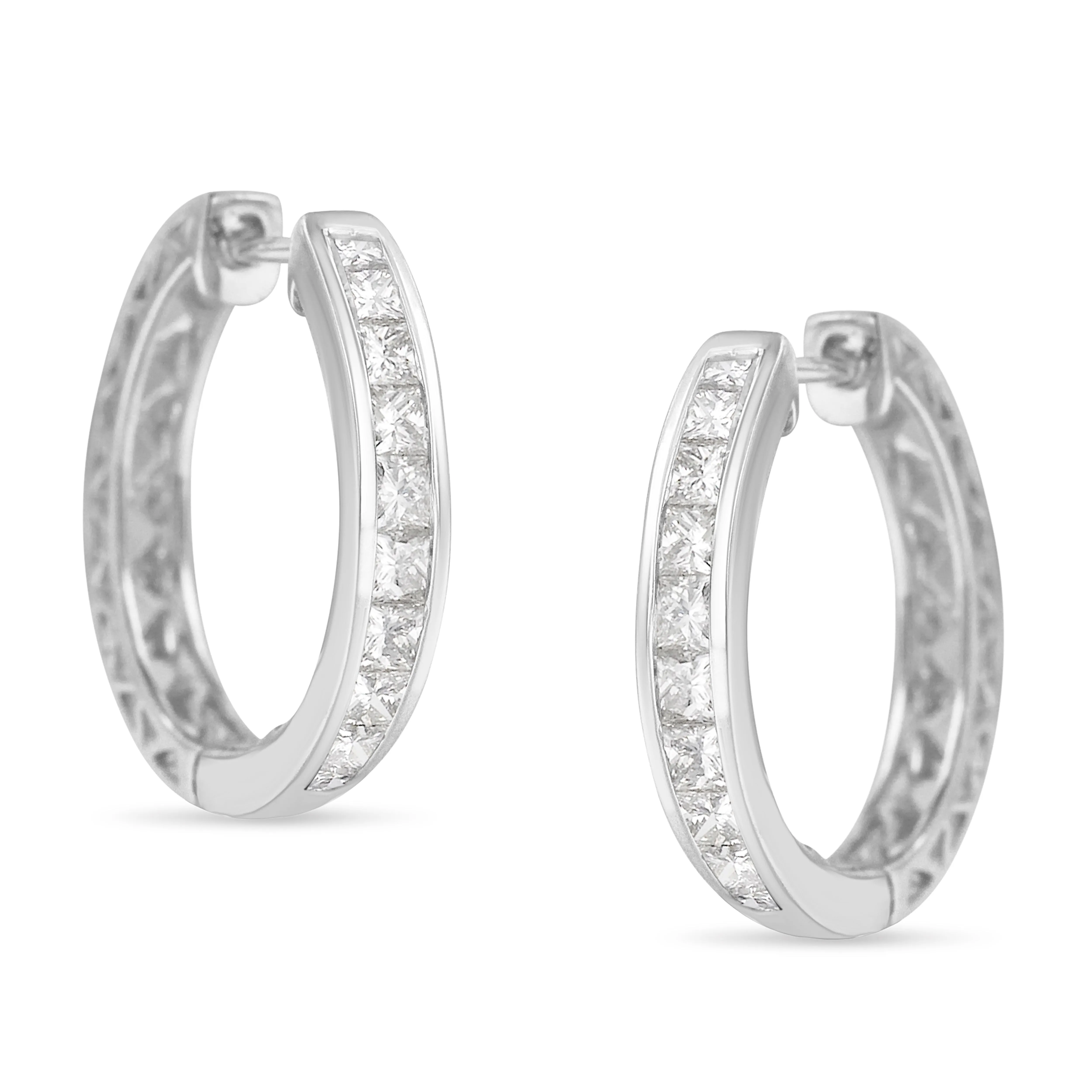10K White Gold 1.0 cttw Channel Set Princess-Cut Diamond Hoop Huggy Earrings