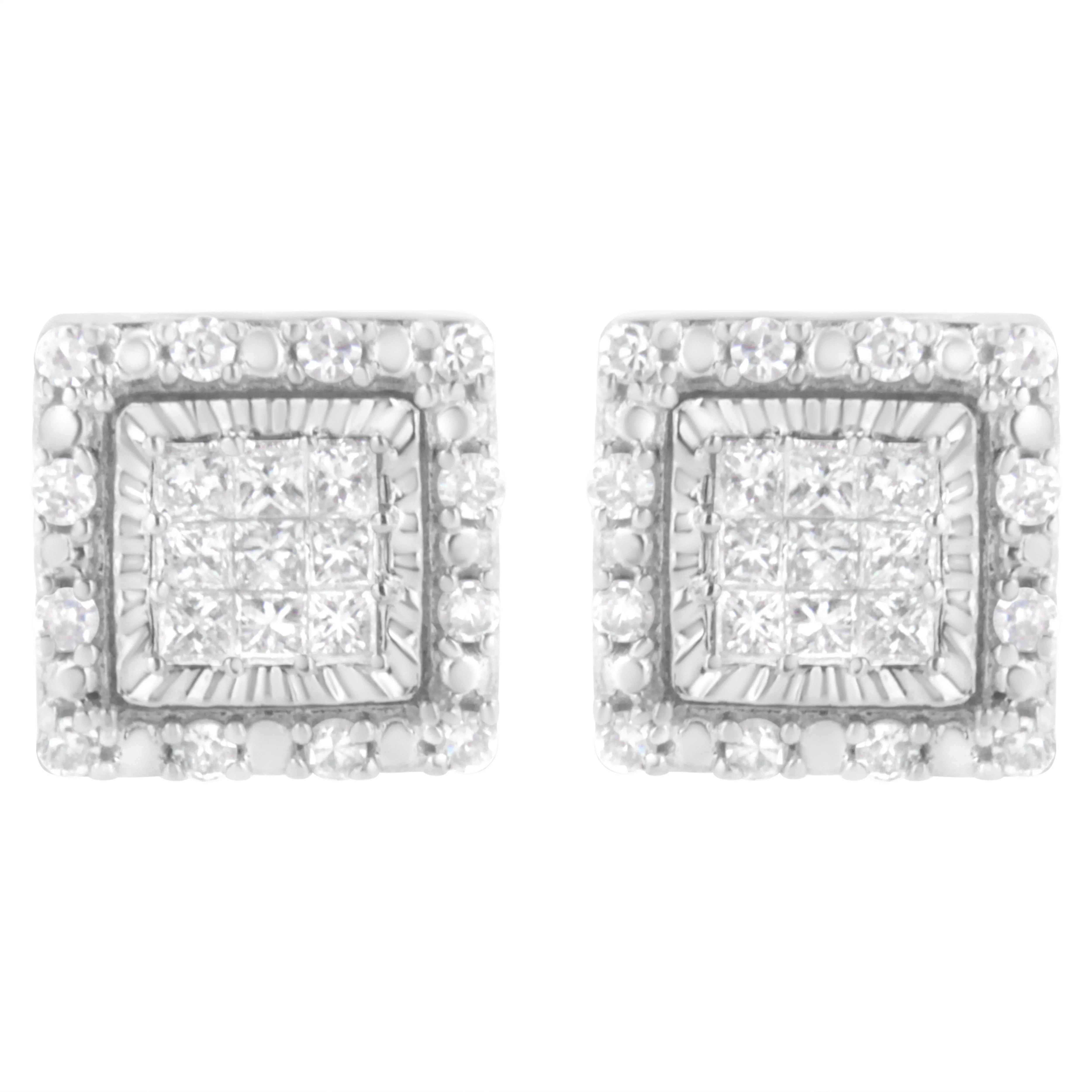 10K White Gold 1/2 cttw Invisible Set Princess-Cut Diamond Square Stud Earring