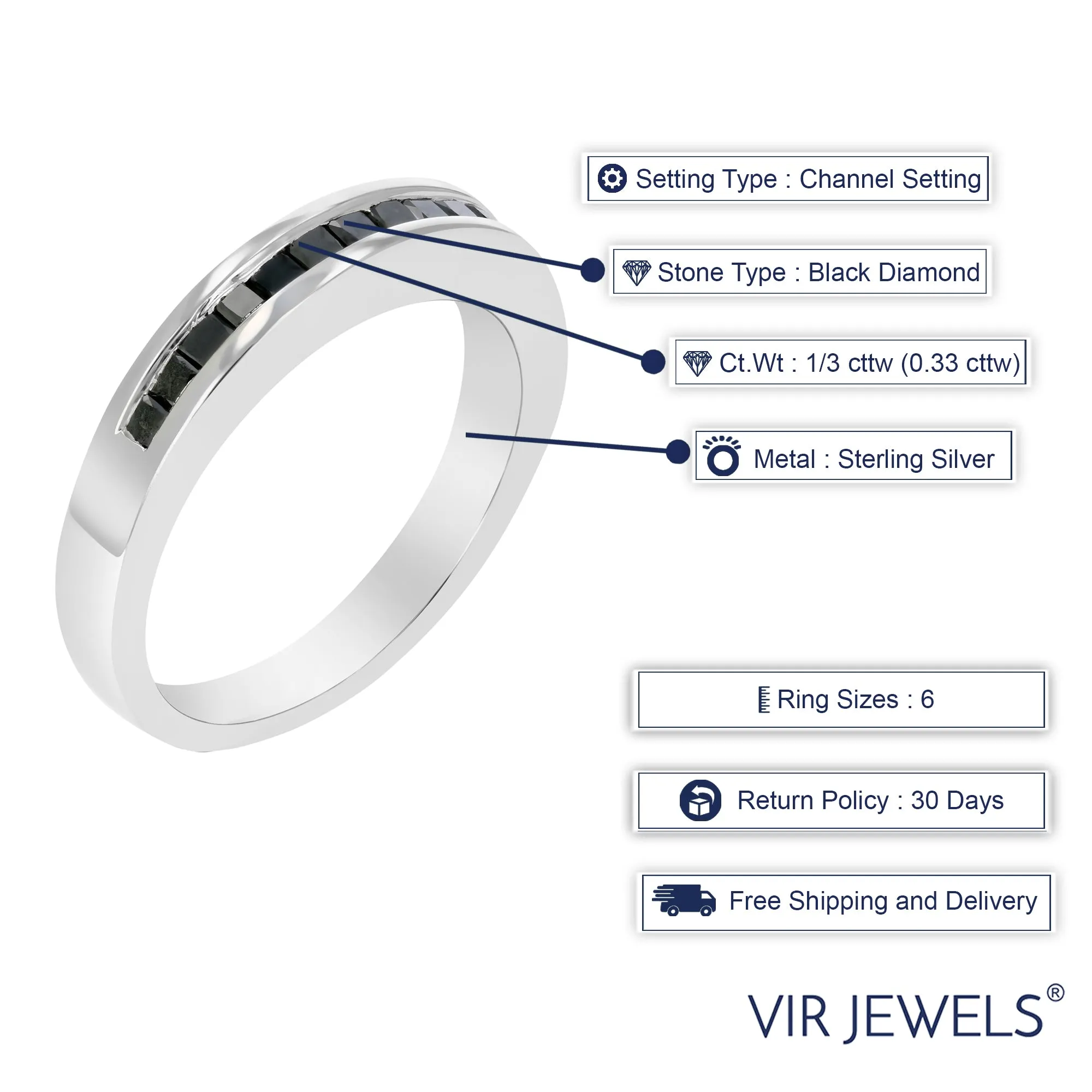 1/3 cttw Princess Cut Black Diamond Wedding Band .925 Sterling Silver Channel