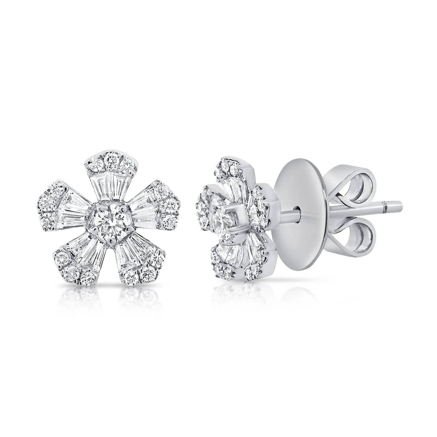 14k Gold & Diamond Baguette Flower Stud Earrings - 0.53ct