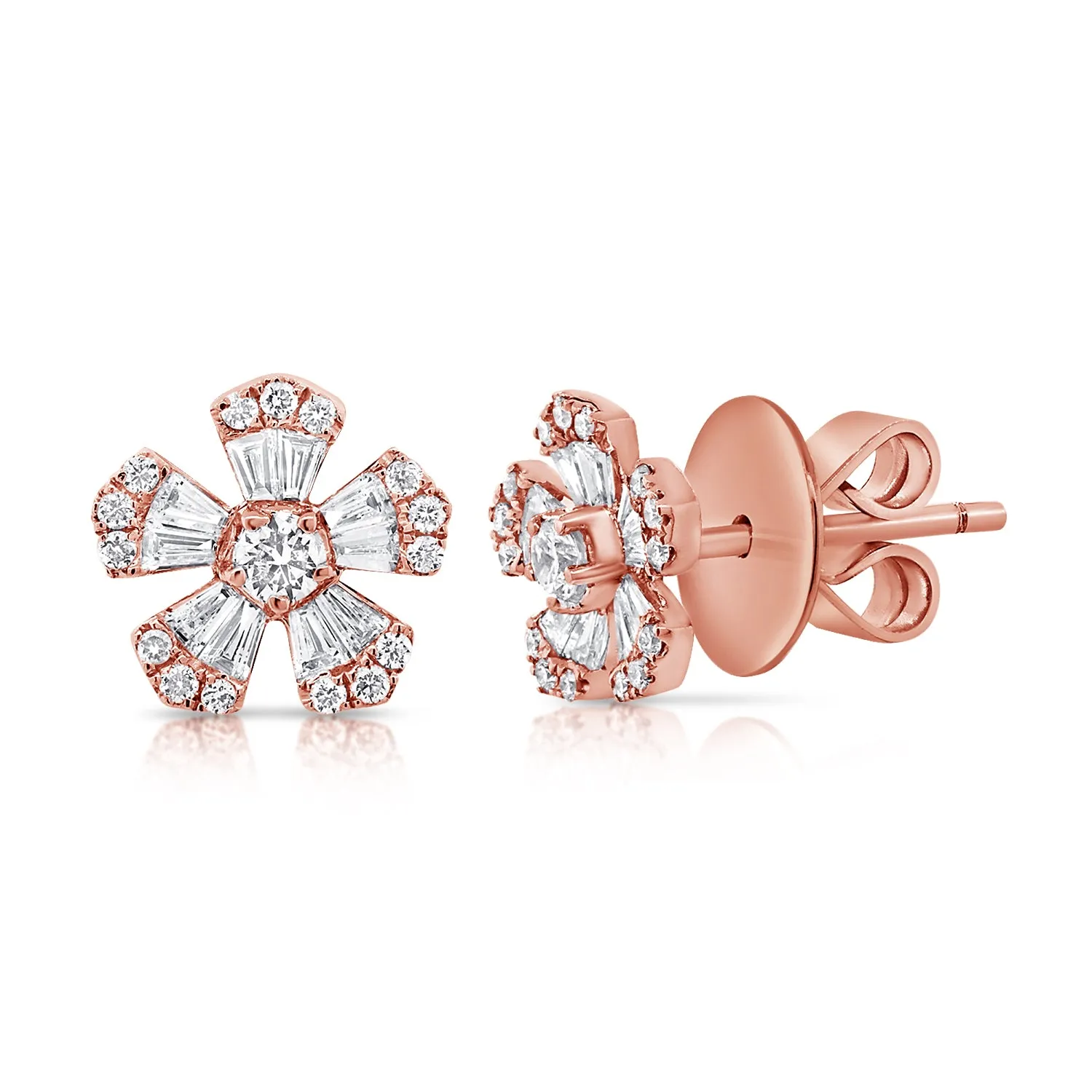 14k Gold & Diamond Baguette Flower Stud Earrings - 0.53ct
