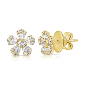 14k Gold & Diamond Baguette Flower Stud Earrings - 0.53ct