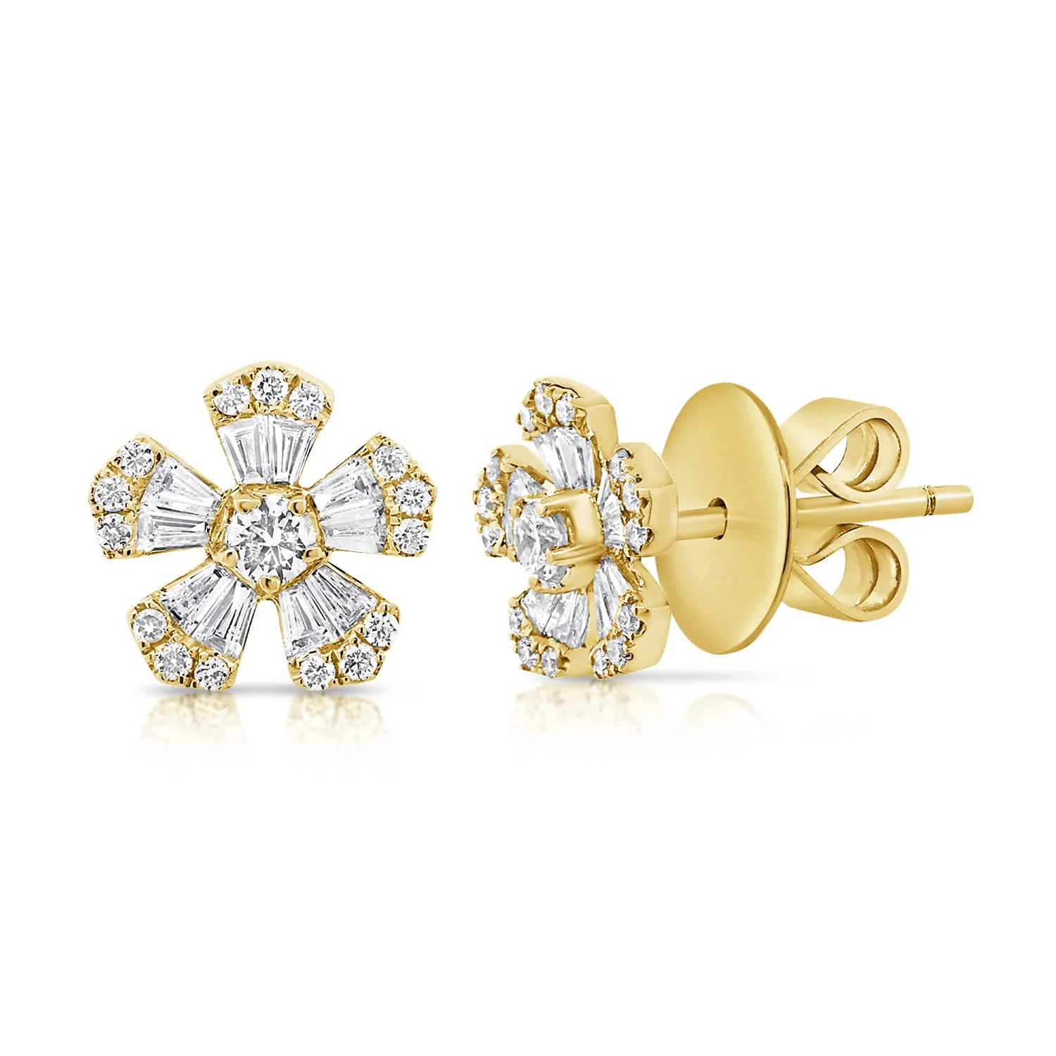 14k Gold & Diamond Baguette Flower Stud Earrings - 0.53ct