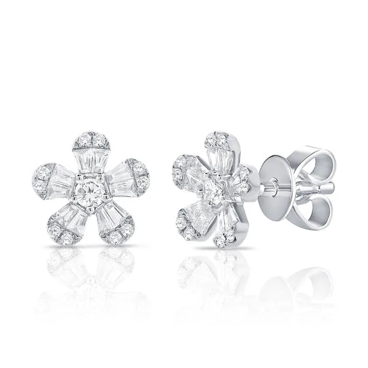14k Gold & Diamond Baguette Flower Stud Earrings