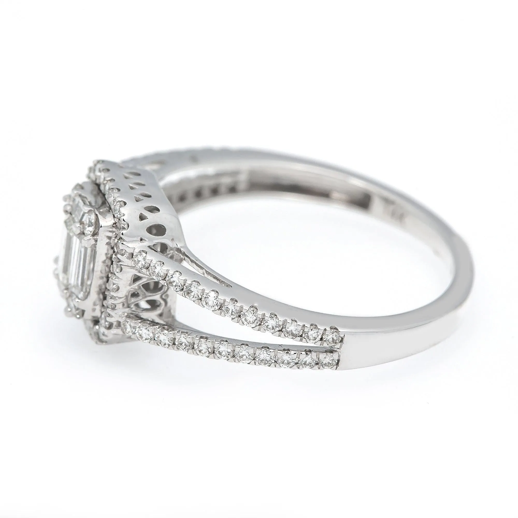14K GOLD BAGUETTE DIAMOND RING WITH HALO AND SPLIT SHANK 0.75 CT