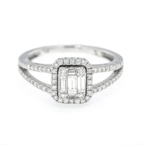 14K GOLD BAGUETTE DIAMOND RING WITH HALO AND SPLIT SHANK 0.75 CT