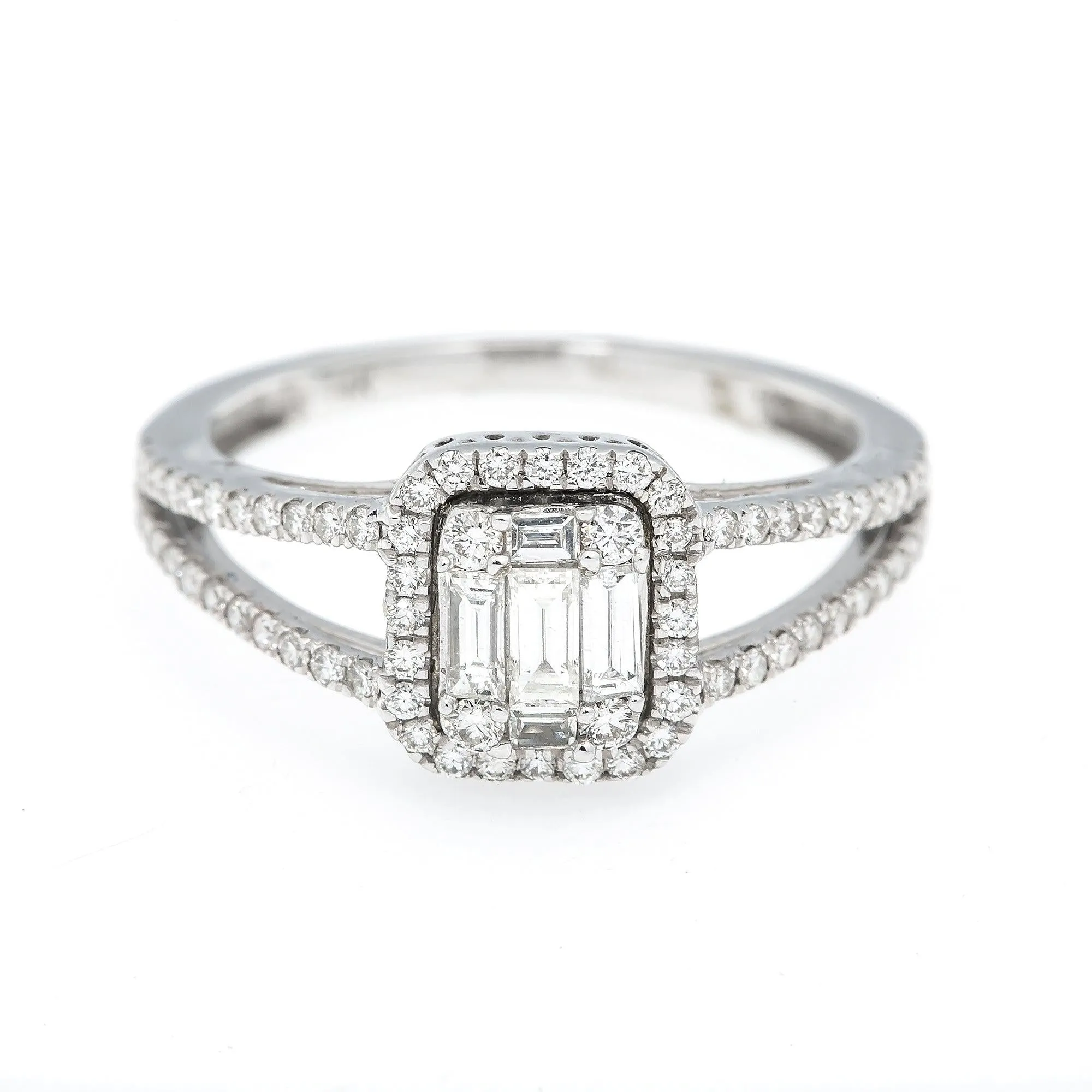 14K GOLD BAGUETTE DIAMOND RING WITH HALO AND SPLIT SHANK 0.75 CT