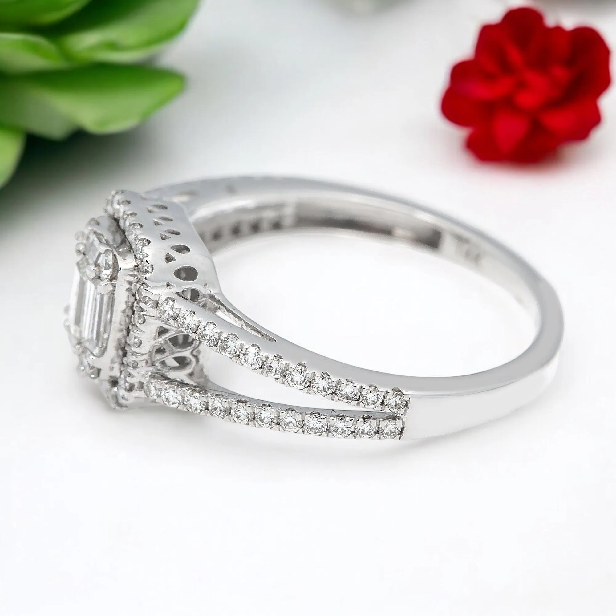 14K GOLD BAGUETTE DIAMOND RING WITH HALO AND SPLIT SHANK 0.75 CT