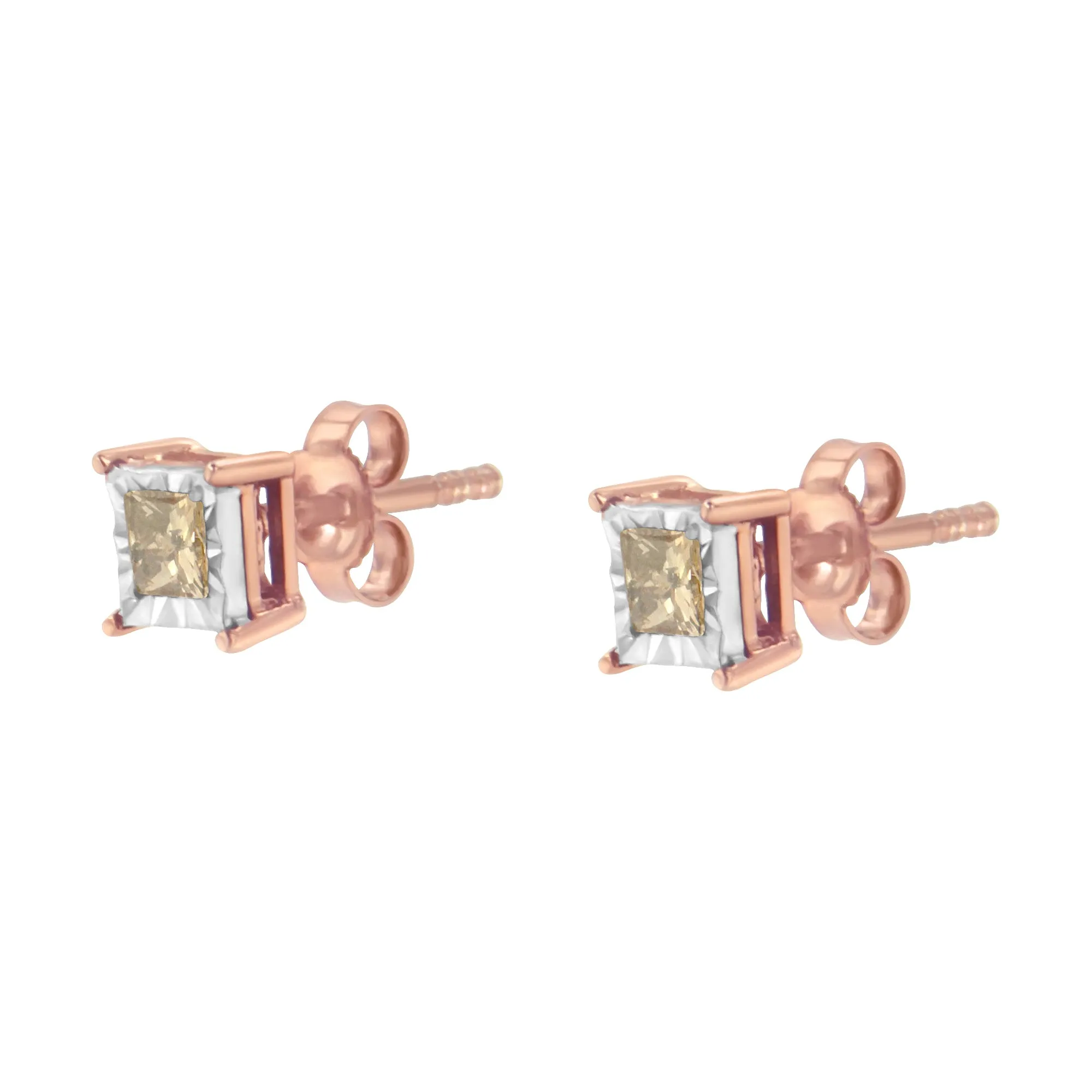 14K Rose Gold Plated Two-Tone .925 Sterling Silver 1/2 Cttw Princess-Cut Square Diamond Solitaire Miracle-Plate Stud Earrings