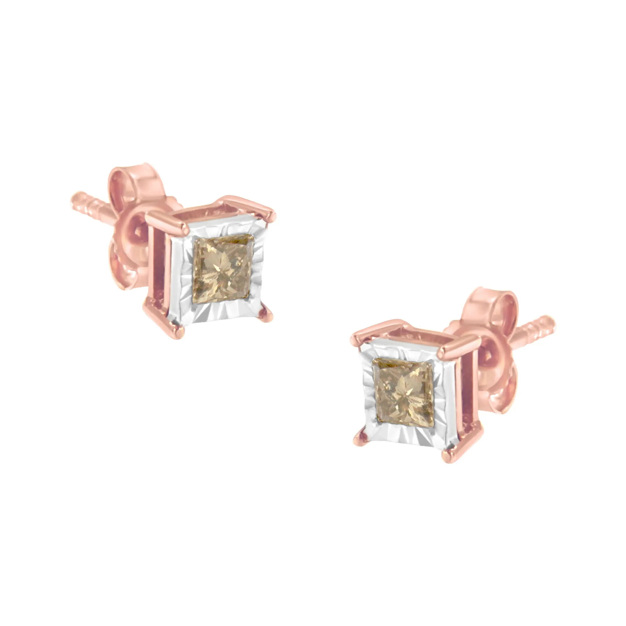 14K Rose Gold Plated Two-Tone .925 Sterling Silver 1/2 Cttw Princess-Cut Square Diamond Solitaire Miracle-Plate Stud Earrings