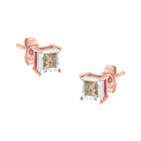 14K Rose Gold Plated Two-Tone .925 Sterling Silver 1/2 Cttw Princess-Cut Square Diamond Solitaire Miracle-Plate Stud Earrings