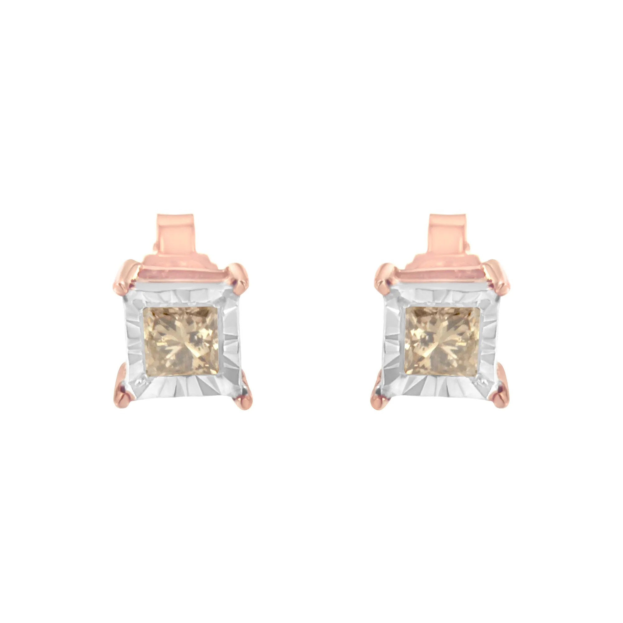 14K Rose Gold Plated Two-Tone .925 Sterling Silver 1/2 Cttw Princess-Cut Square Diamond Solitaire Miracle-Plate Stud Earrings
