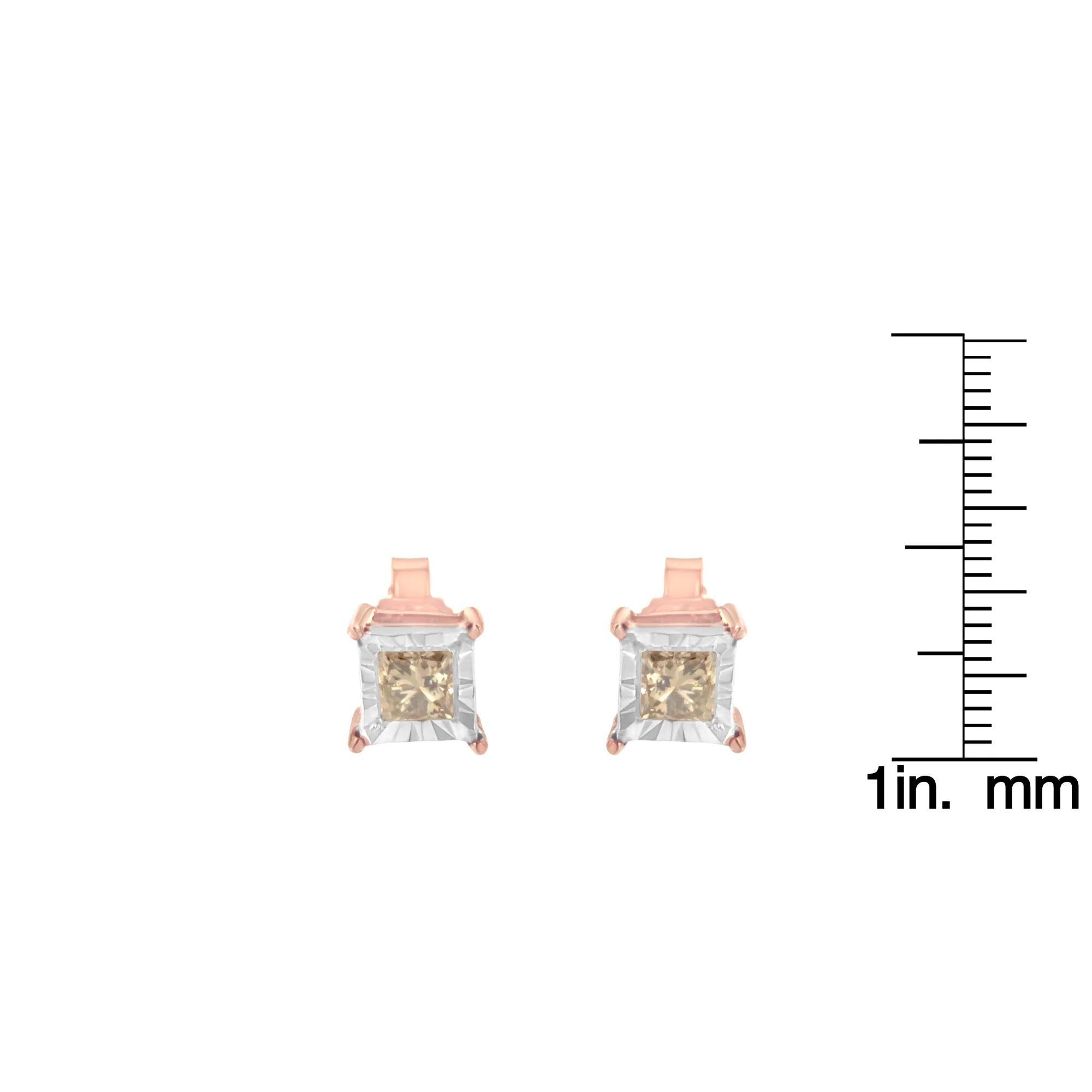 14K Rose Gold Plated Two-Tone .925 Sterling Silver 1/2 Cttw Princess-Cut Square Diamond Solitaire Miracle-Plate Stud Earrings