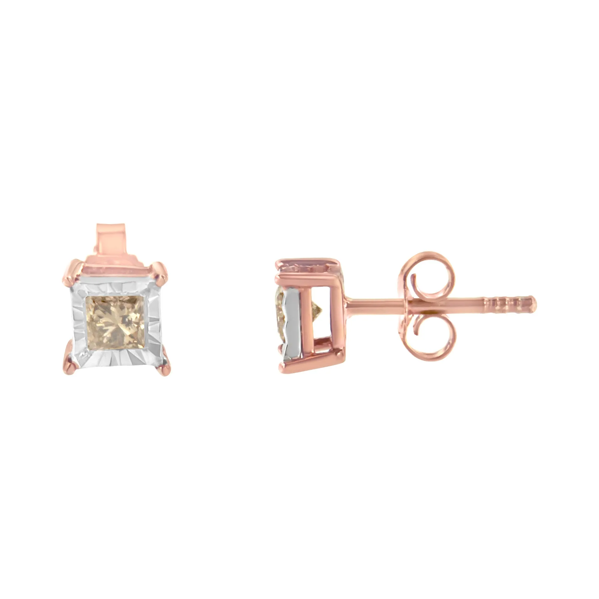 14K Rose Gold Plated Two-Tone .925 Sterling Silver 1/2 Cttw Princess-Cut Square Diamond Solitaire Miracle-Plate Stud Earrings