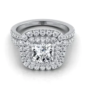 14K White Gold Princess Cut Diamond Four Row Split Shank Pave Double Halo Diamond Engagement Ring -7/8ctw