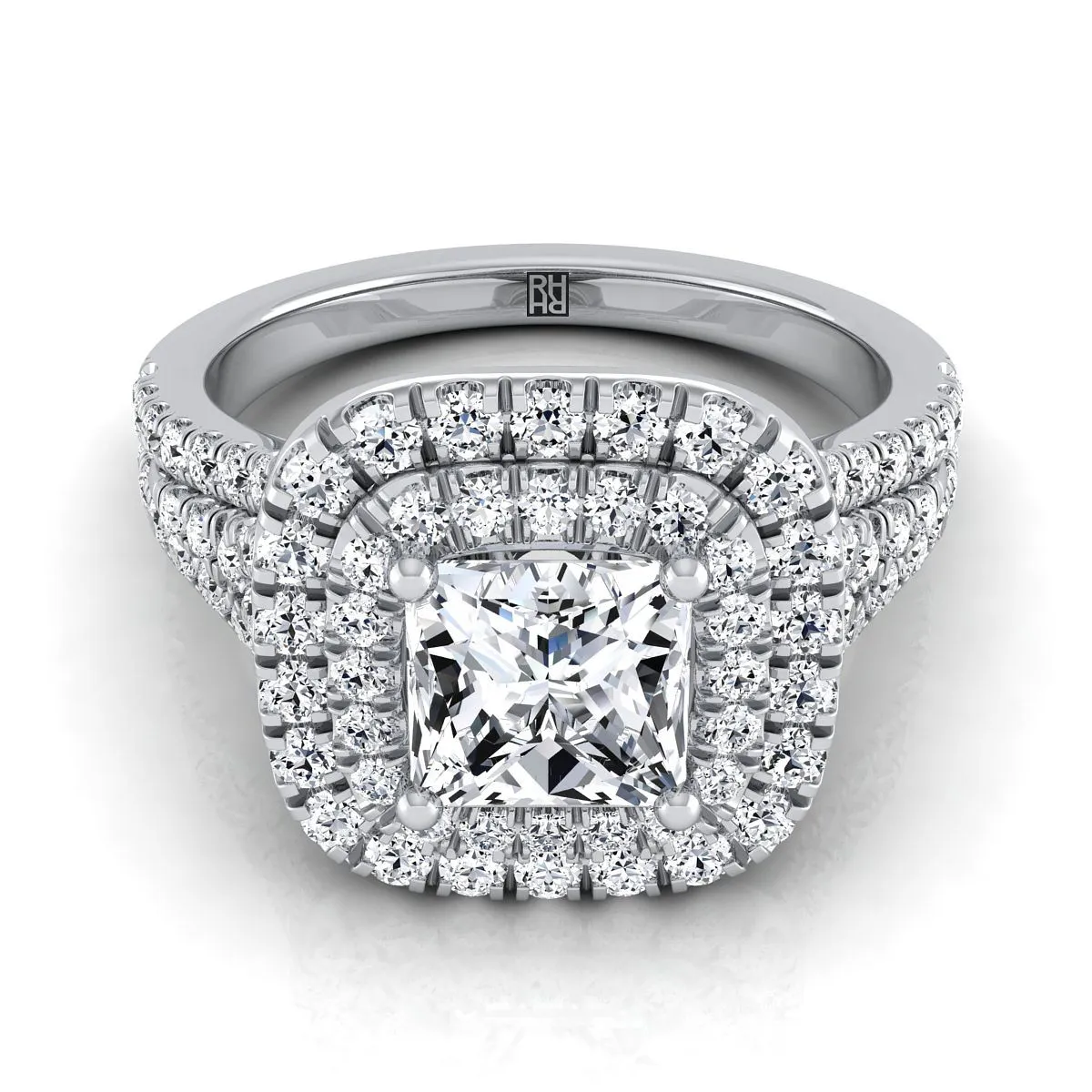 14K White Gold Princess Cut Diamond Four Row Split Shank Pave Double Halo Diamond Engagement Ring -7/8ctw
