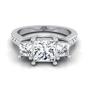 14K White Gold Princess Cut Diamond Three Stone Classic with Channel French Pave Engagement Ring -3/4ctw