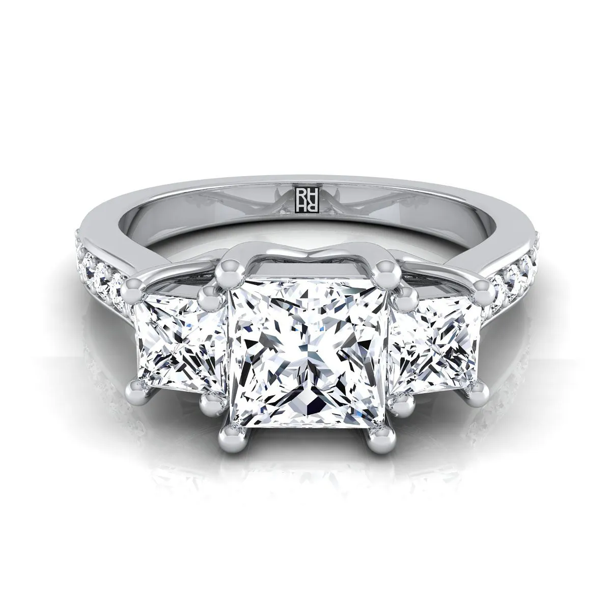 14K White Gold Princess Cut Diamond Three Stone Classic with Channel French Pave Engagement Ring -3/4ctw