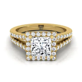14K Yellow Gold Princess Cut Diamond Halo Center with French Pave Split Shank Engagement Ring -3/8ctw