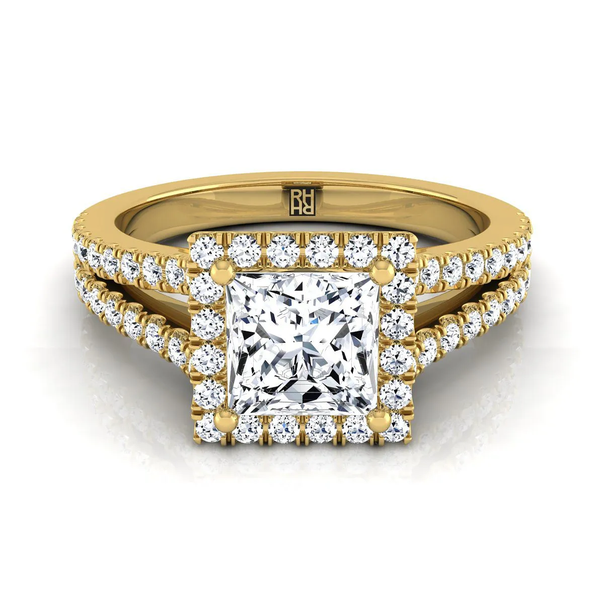 14K Yellow Gold Princess Cut Diamond Halo Center with French Pave Split Shank Engagement Ring -3/8ctw