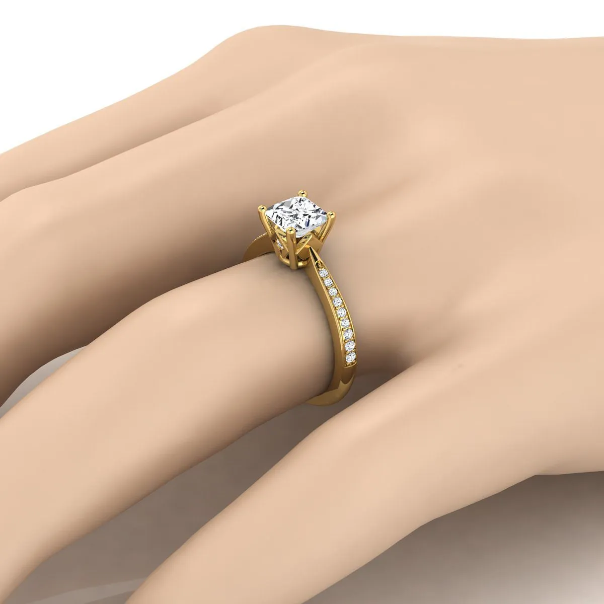 14K Yellow Gold Princess Cut Diamond Tapered Pave Engagement Ring -1/8ctw