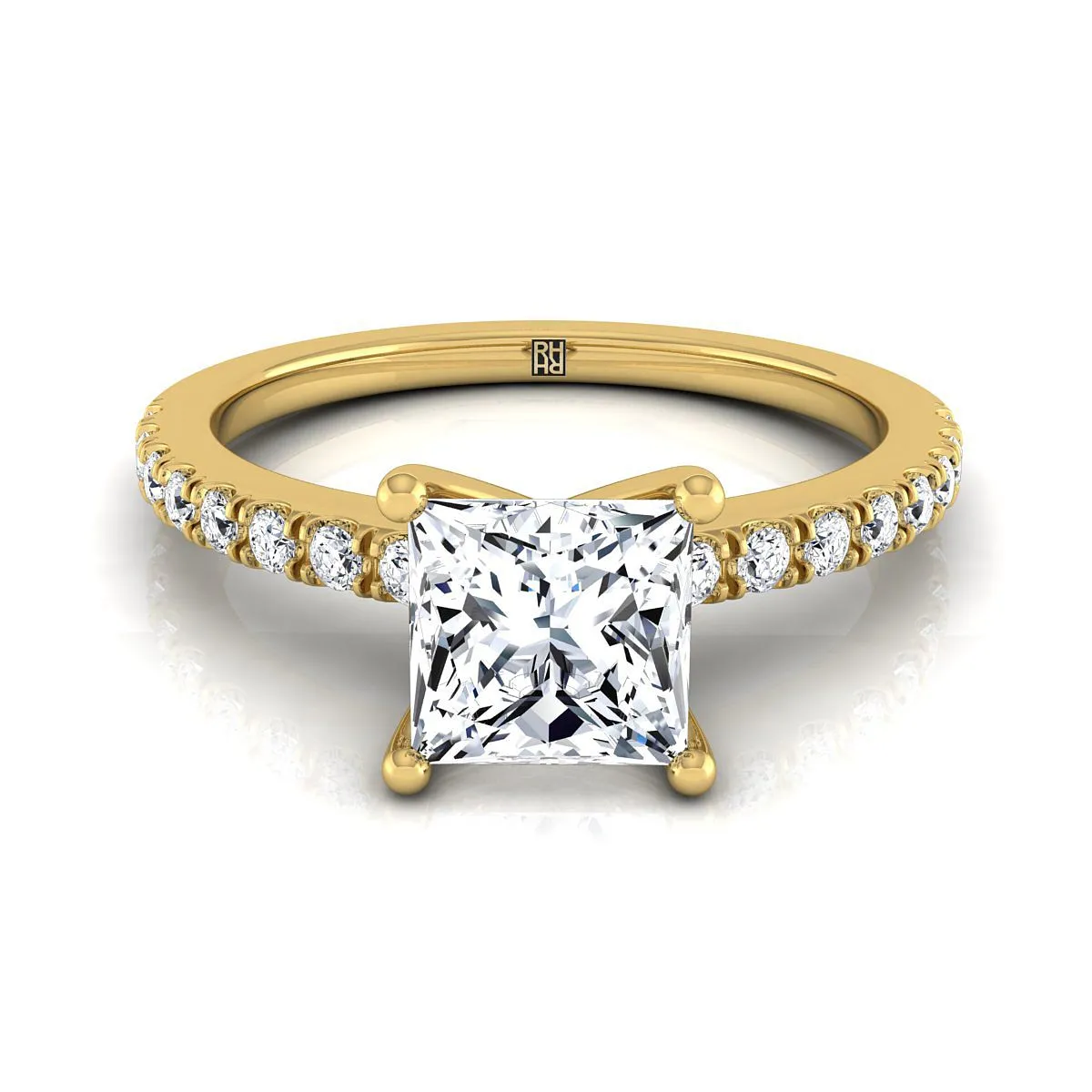 14K Yellow Gold Princess Cut Simple Linear Diamond Pave Engagement Ring -1/5ctw