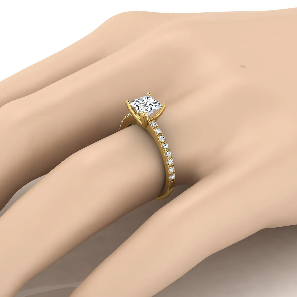 14K Yellow Gold Princess Cut Simple Linear Diamond Pave Engagement Ring -1/5ctw