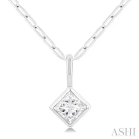 1/5 Ctw Princess Cut Bezel Set Diamond Fashion Pendant with Paper Clip Chain in 14K White Gold