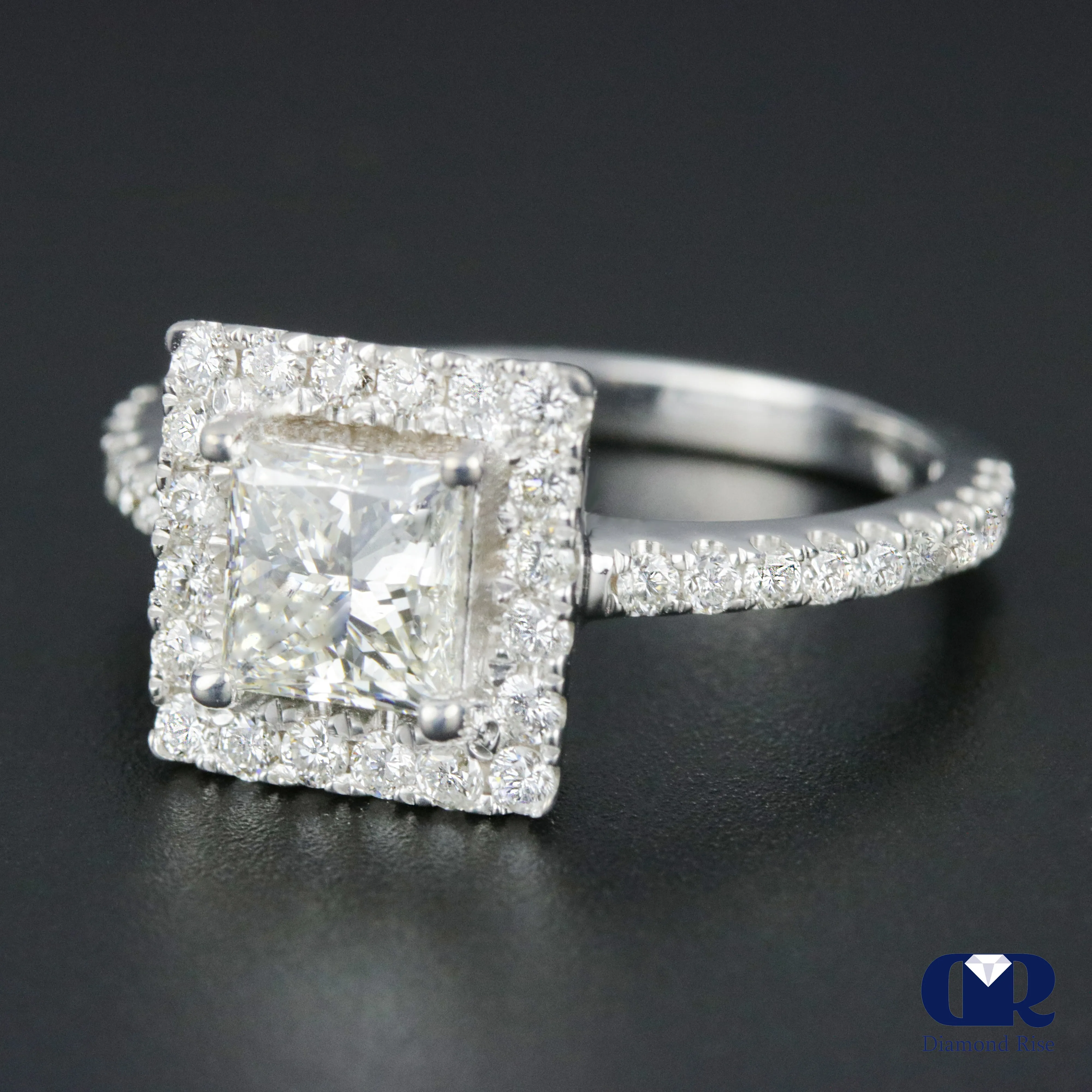 1.84 Carat Princess Cut Diamond Halo Engagement Ring In 14K White Gold