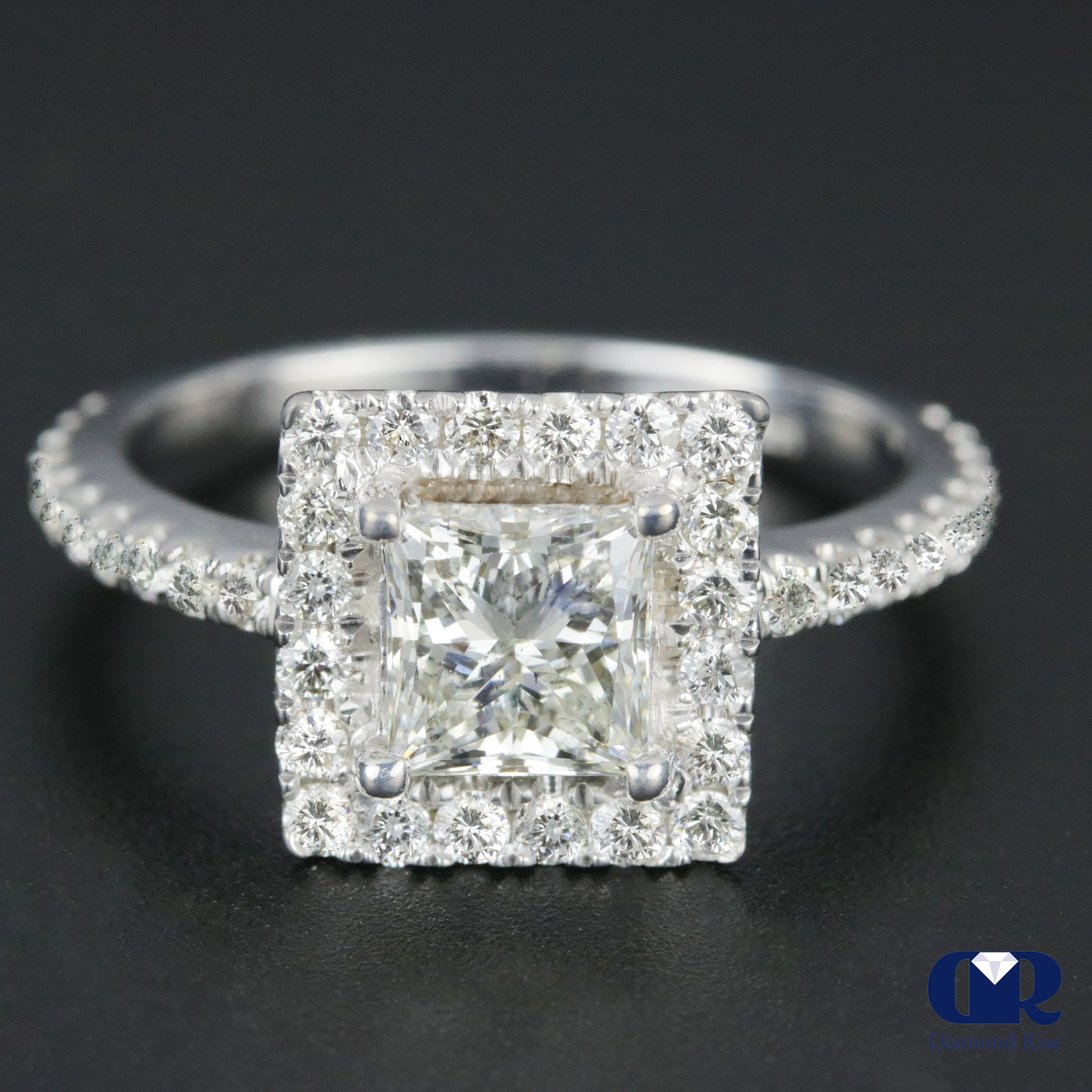 1.84 Carat Princess Cut Diamond Halo Engagement Ring In 14K White Gold