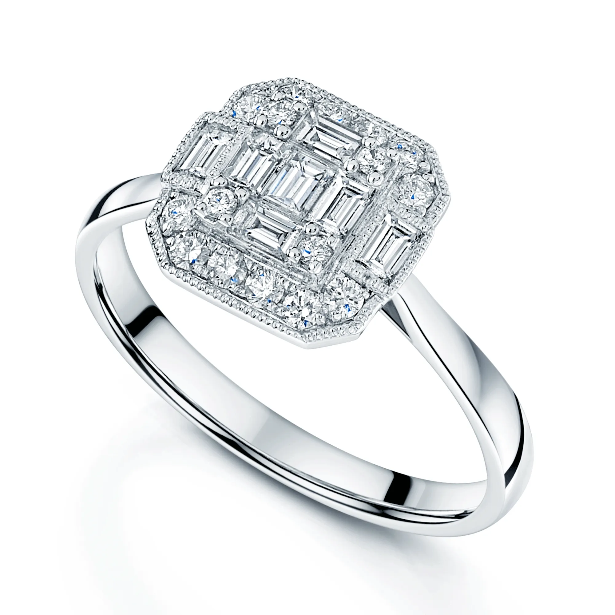 18ct White Gold Baguette & Round Brilliant Cut Diamond Vintage Cluster Ring