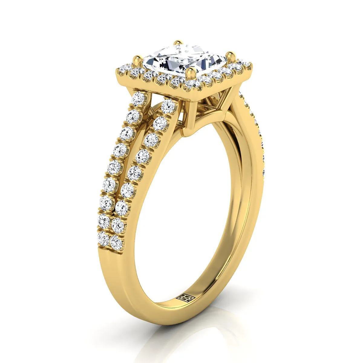 18K Yellow Gold Princess Cut Split Shank and Diamond Pave Halo Engagement Ring -1/2ctw