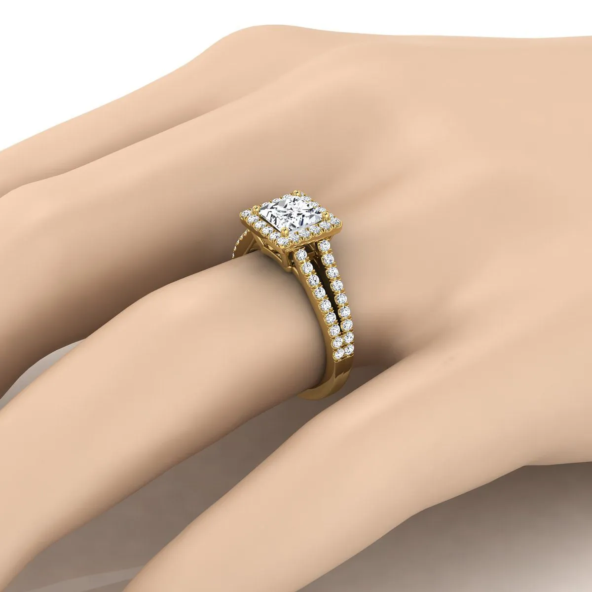 18K Yellow Gold Princess Cut Split Shank and Diamond Pave Halo Engagement Ring -1/2ctw