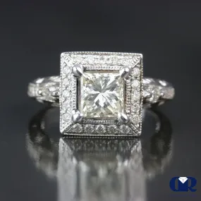 1.91 Carat Princess Cut Diamond Halo Engagement Ring In 14K White Gold
