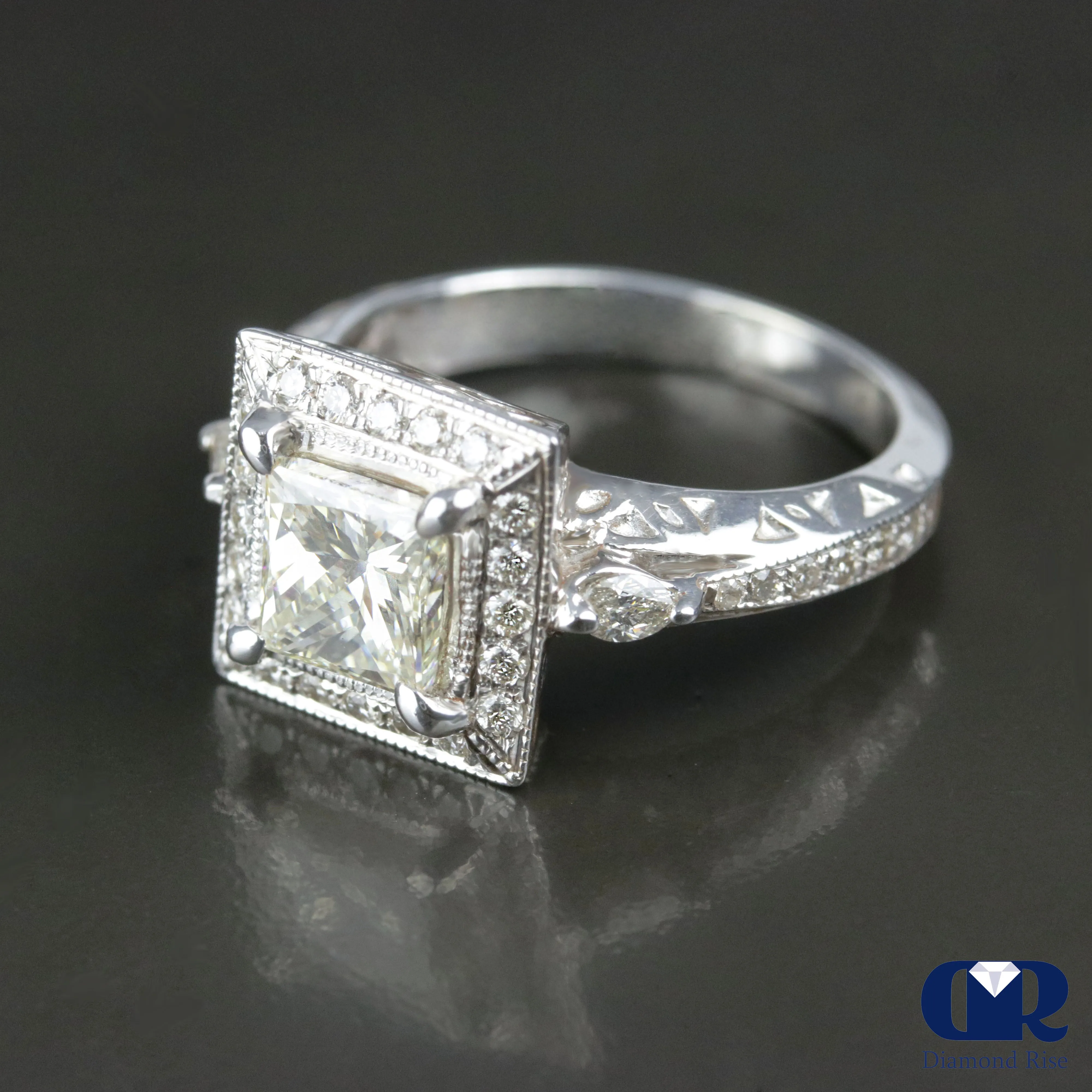 1.91 Carat Princess Cut Diamond Halo Engagement Ring In 14K White Gold
