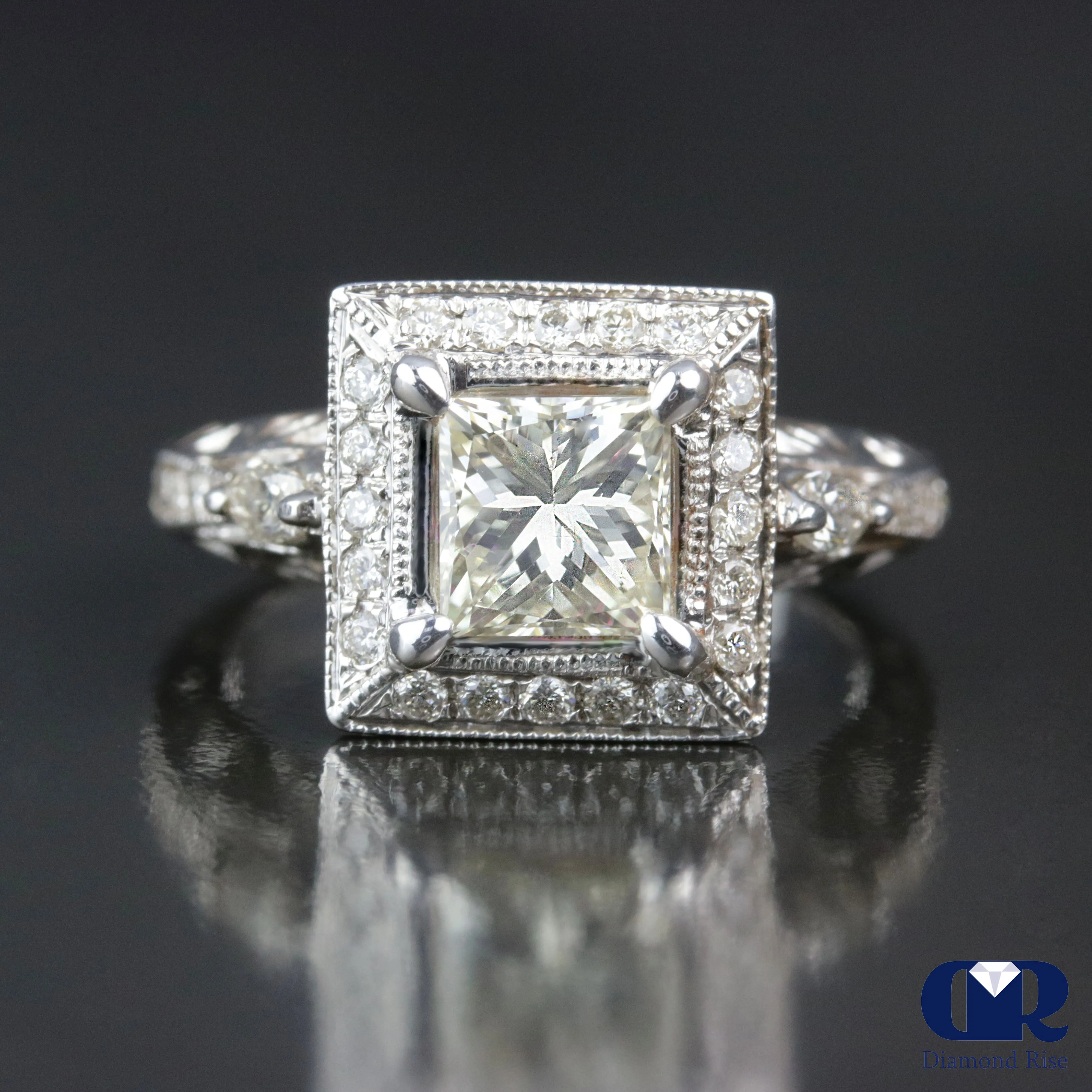 1.91 Carat Princess Cut Diamond Halo Engagement Ring In 14K White Gold
