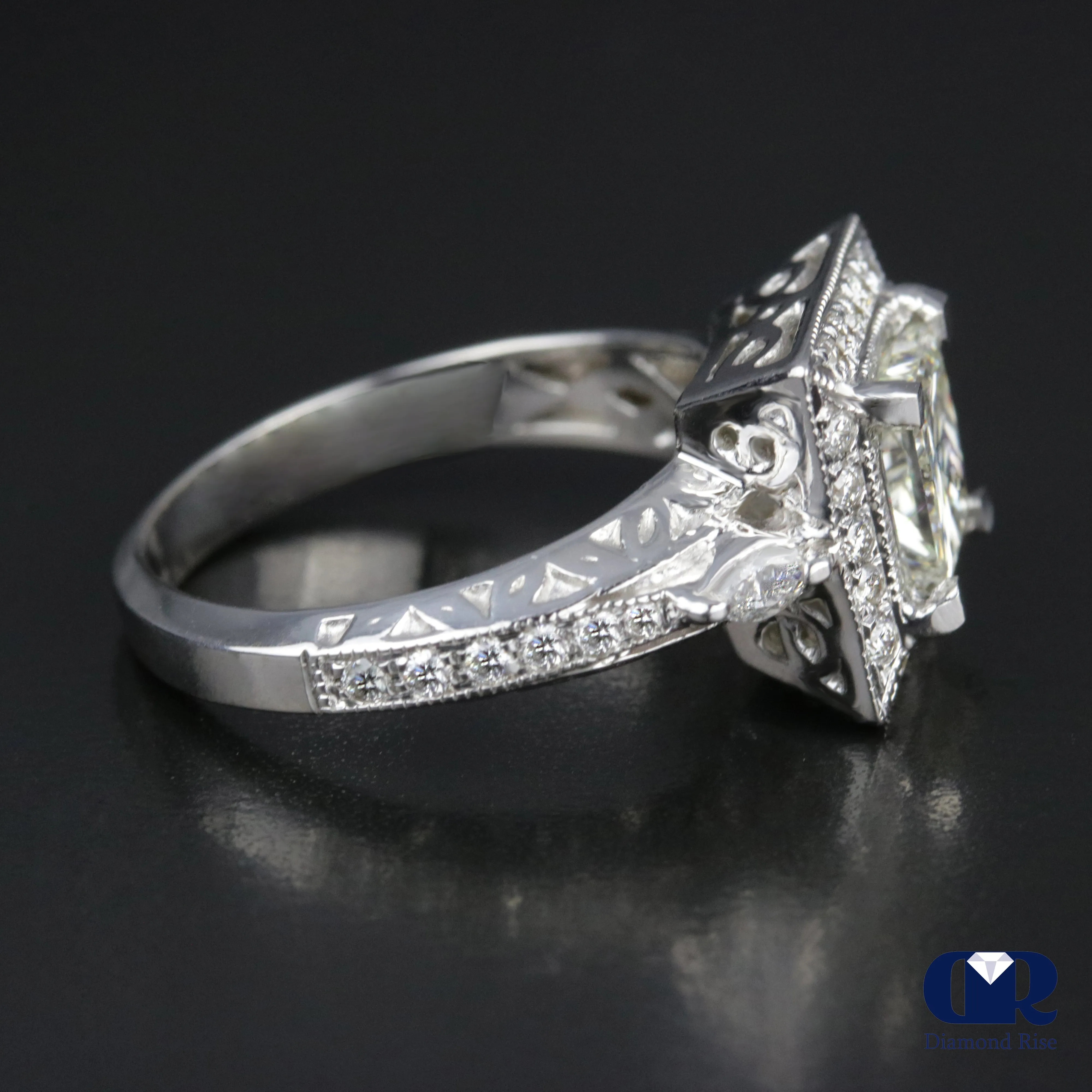 1.91 Carat Princess Cut Diamond Halo Engagement Ring In 14K White Gold